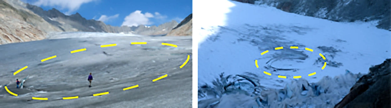 Image of glacier depression showing progression of collapse feature over time.