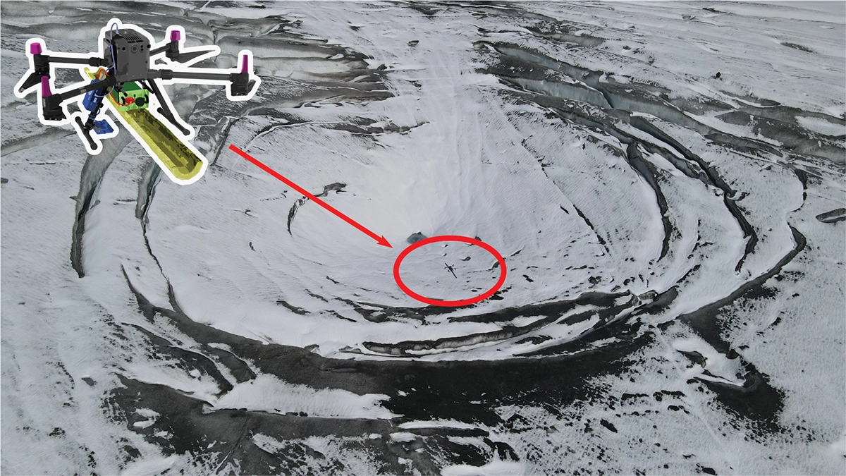 Image of drone-mounted GPR system collecting subsurface data across glacier collapse site.