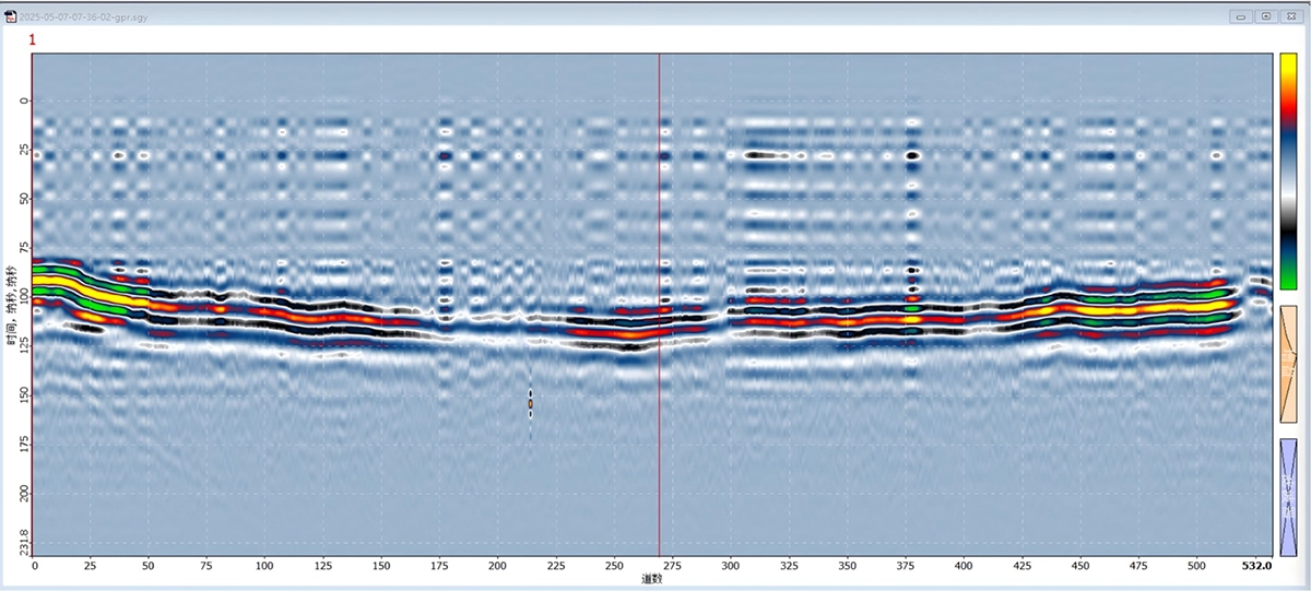 GPR radargram displaying subsurface reflections beneath vegetation-covered water surface.