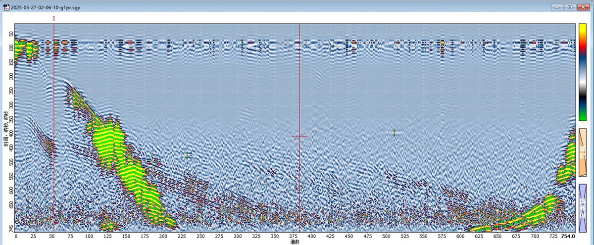 GPR radargram showing deep reservoir profile measured by UAV-based radar bathymetry.