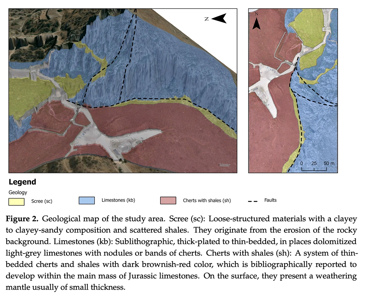 Near-vertical cliff face at Acrocorinth showing hazardous rockfall terrain requiring sub-0.5 cm GSD vertical photogrammetry
