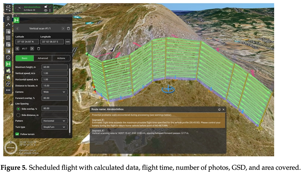 UgCS desktop mission planning view showing vertical scan photogrammetry paths parallel to the Acrocorinth cliff face
