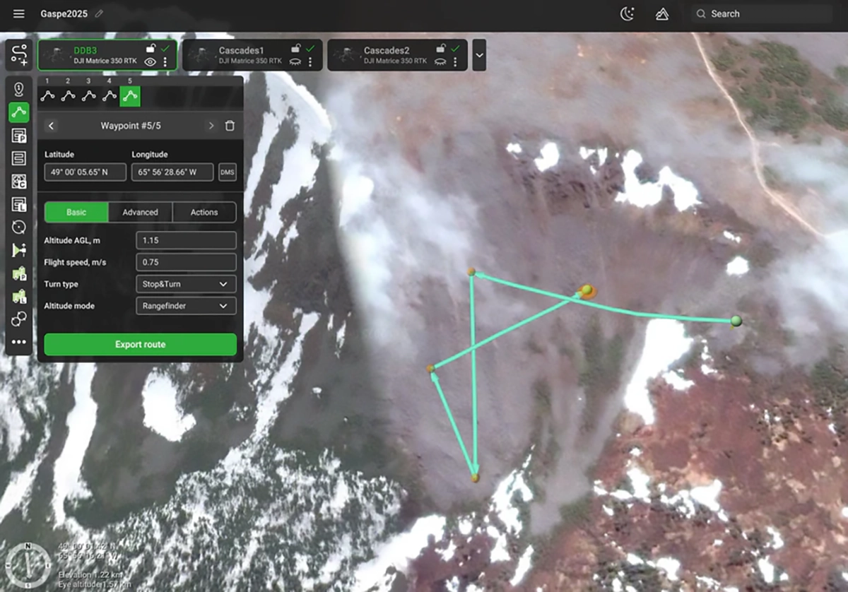 UgCS mission planning interface showing low-altitude waypoint routes and terrain settings for UAV-based GPR surveys over a rock glacier site in Quebec.