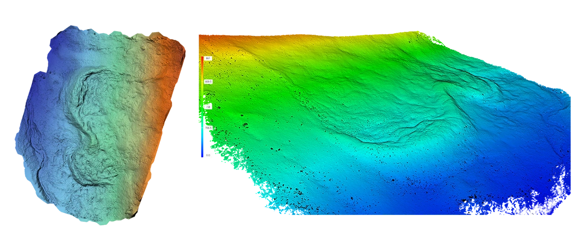 High-resolution LiDAR DEMs showing detailed rock glacier morphology, including ridges, furrows, and flow features mapped during the UAV survey