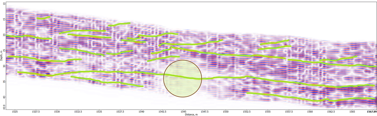 Prism2-processed GPR radargram illustrating subsurface layering, inclined reflectors, and a marked area of possible ice enrichment within the rock glacier