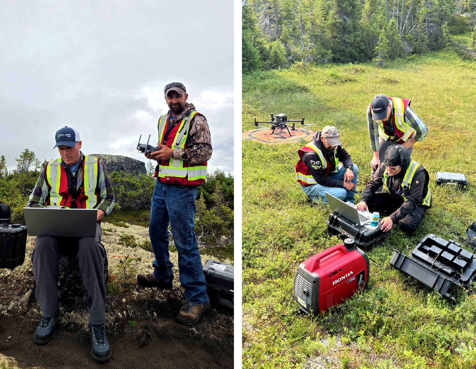 Altomaxx teas performing radiometric survey operations in northern Labrador, reviewing mission parameters on a laptop, checking SkyHub data, and preparing equipment for drone-based gamma-ray data acquisition