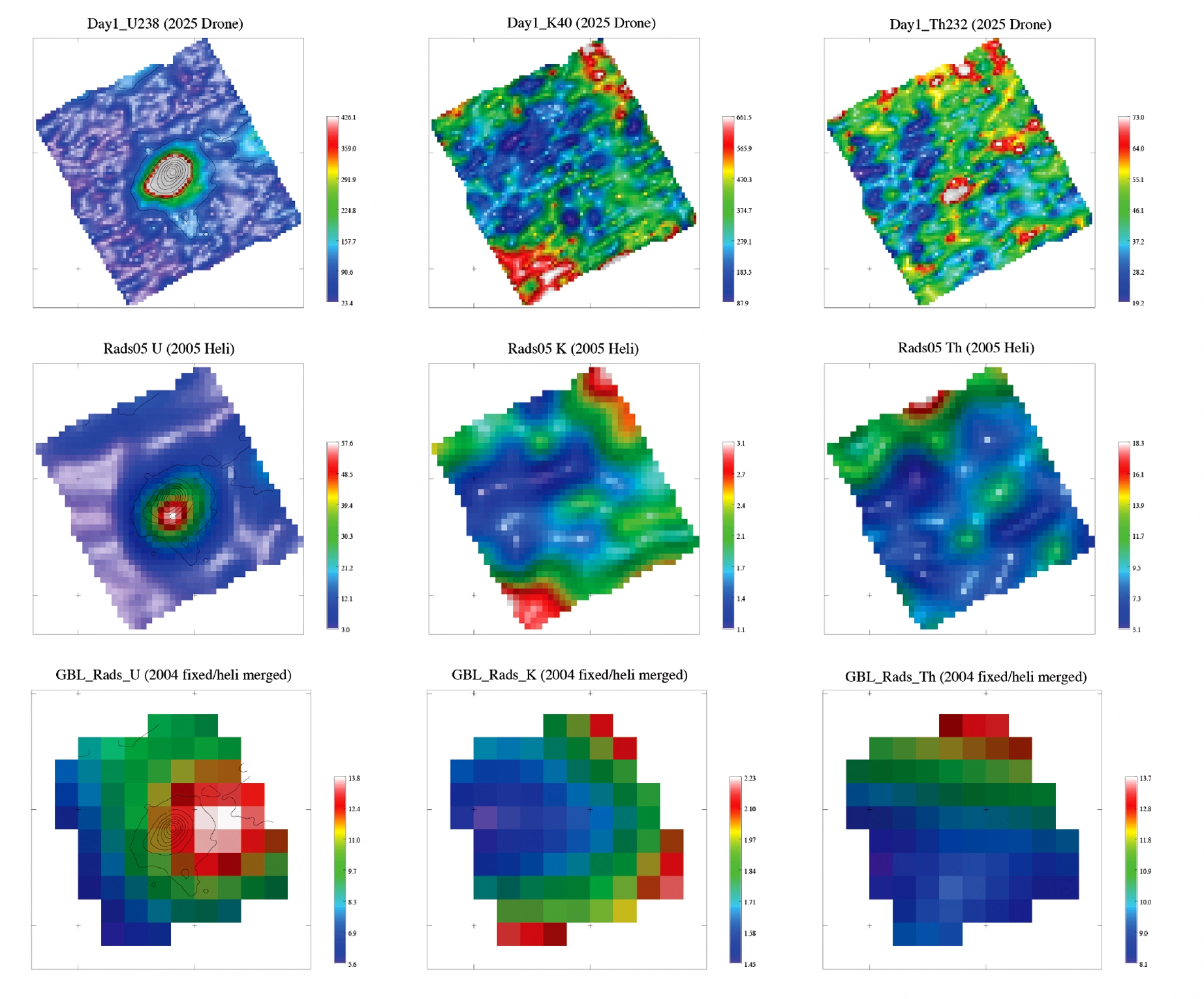 Multiple radiometric heatmaps showing drone-derived U238, K40, and Th232 grids alongside older helicopter results