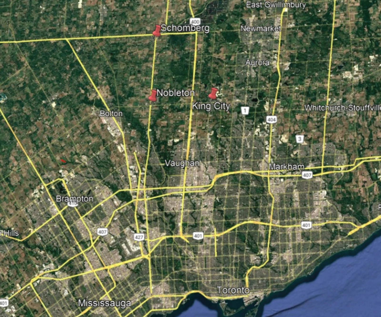 Satellite map highlighting Schomberg, Nobleton, and King City where stormwater ponds were surveyed.