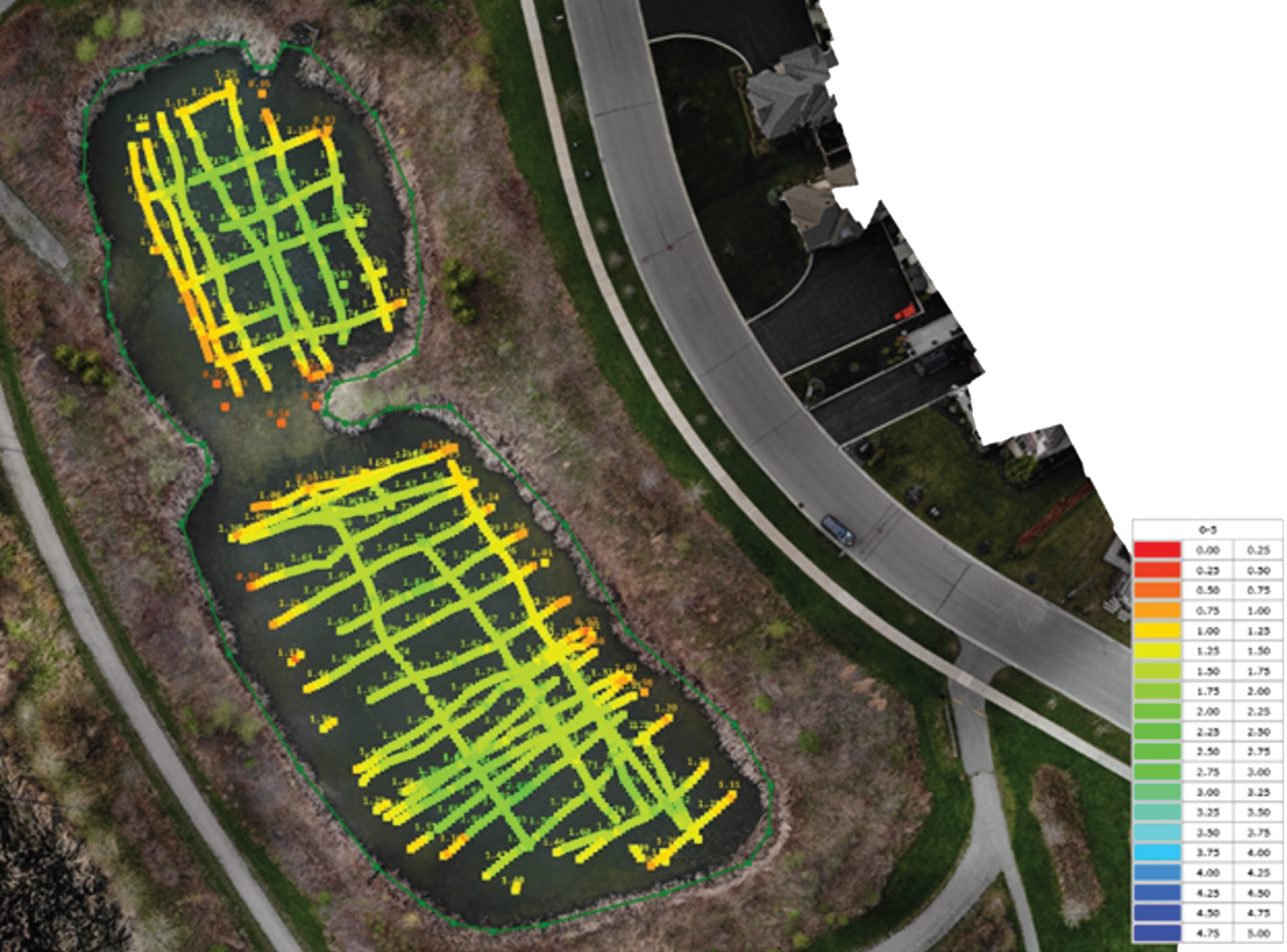Aerial view of a stormwater pond with color-coded bathymetry points and dense flight-line coverage from drone data collection