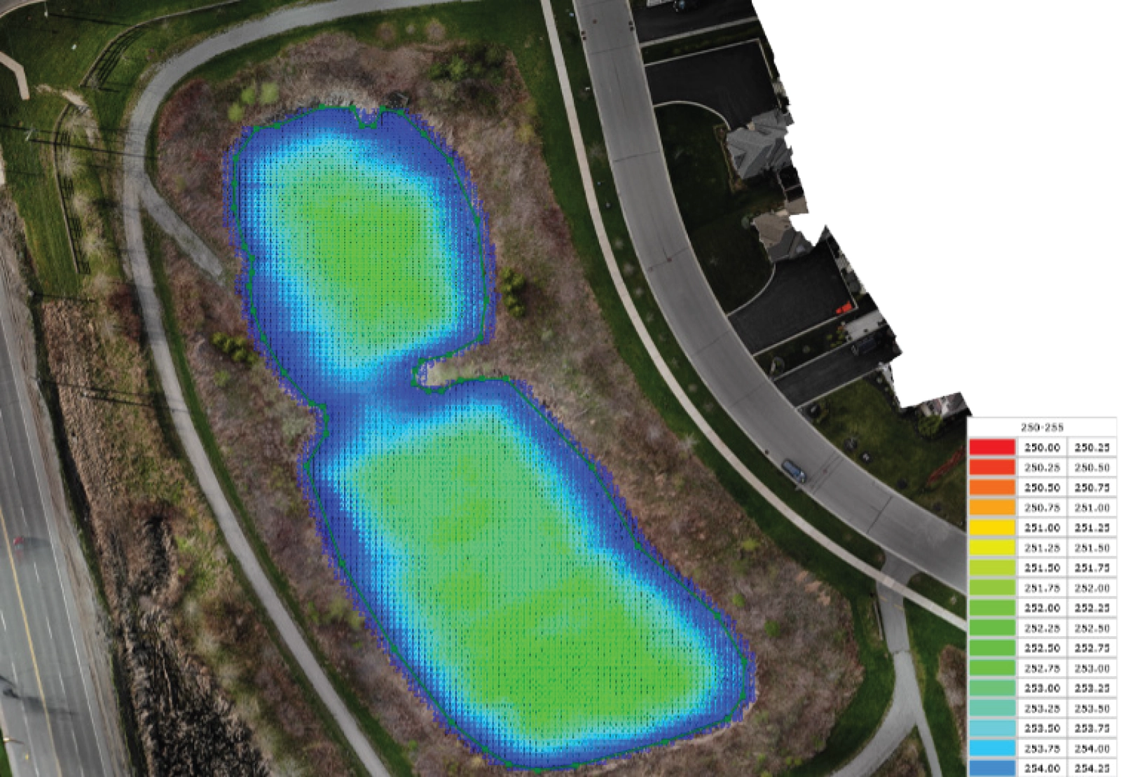 Processed elevation model of a stormwater pond showing depth variations visualized in blue and green tones