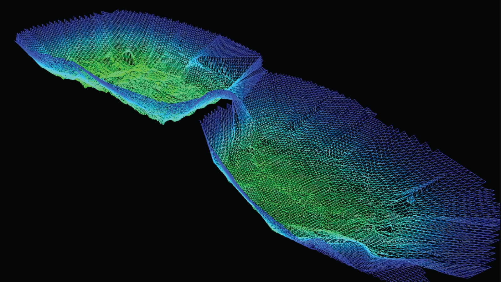 Three-dimensional bathymetry model showing depth variations and pond floor geometry in blue and green tones