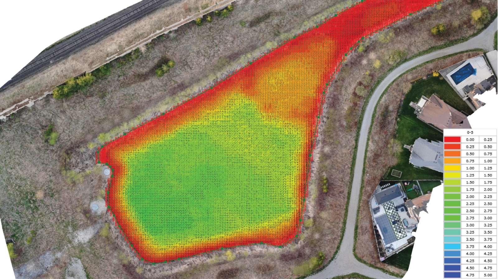 Color-coded sediment deposition map created from dual-frequency bathymetry, showing sediment accumulation zones in red, orange, and green