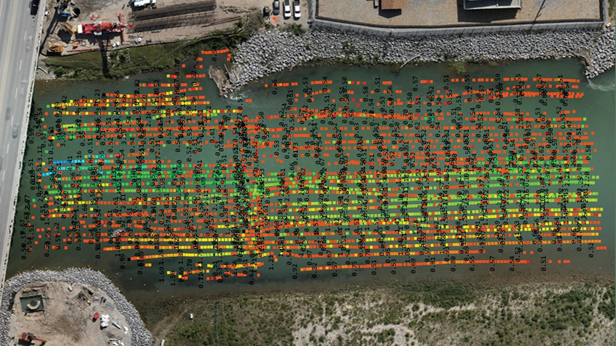 Screen showing color-coded raw depth points acquired with the drone-mounted EchoLogger echo sounder