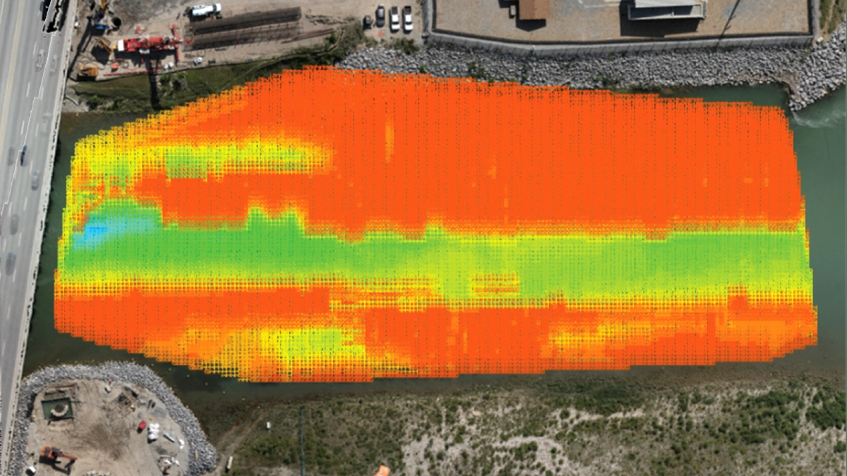 Overhead view of interpolated depth grid representing underwater terrain along the Bow River survey corridor.