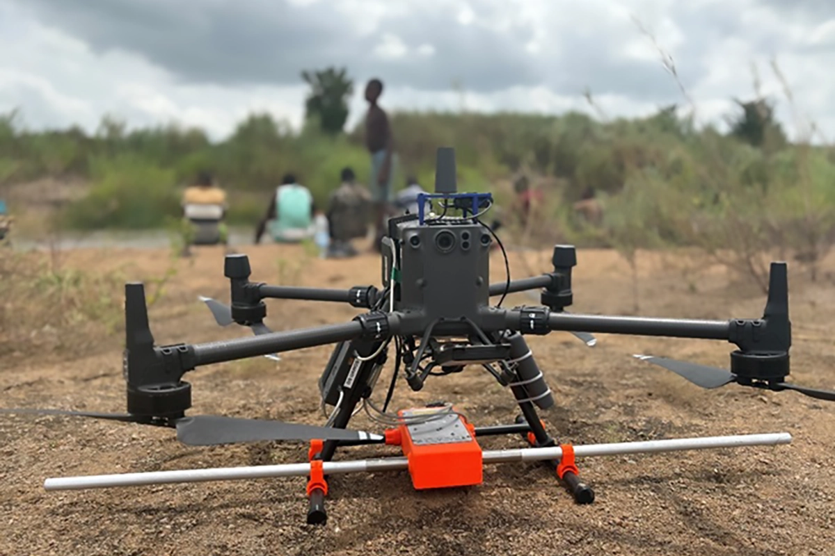 Drone carrying water penetrating radar for riverbed mapping