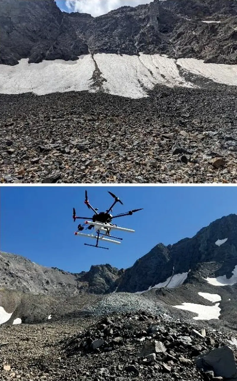Rocky glacier surface creating safety challenges for traditional GPR surveys.