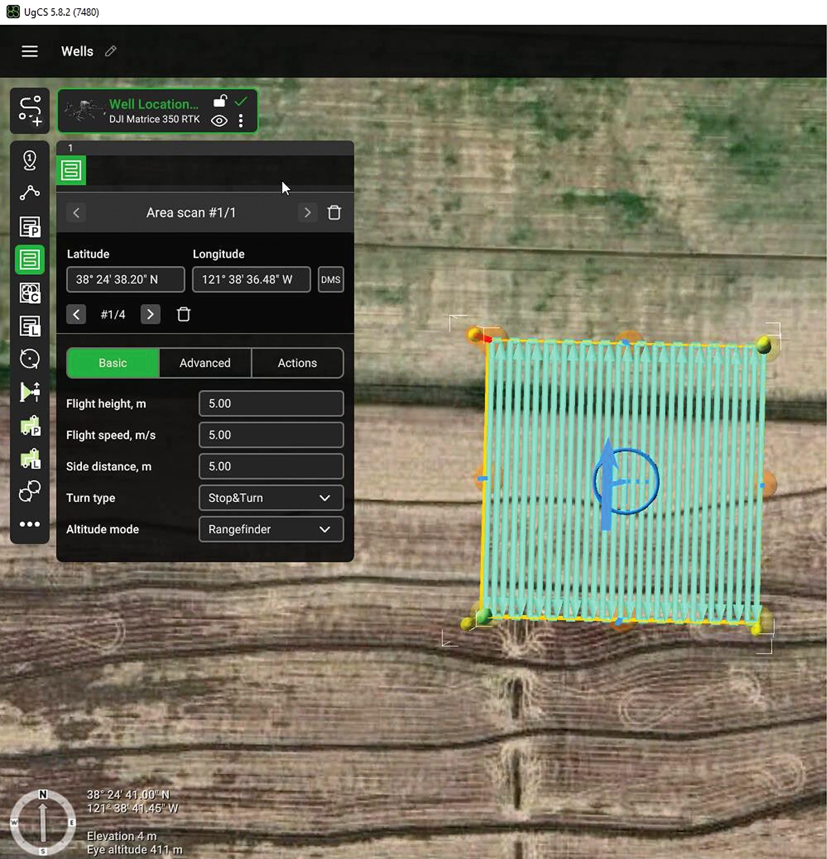 UgCS mission planning interface displaying a targeted UAV magnetic survey layout over agricultural land in Yolo County, California.