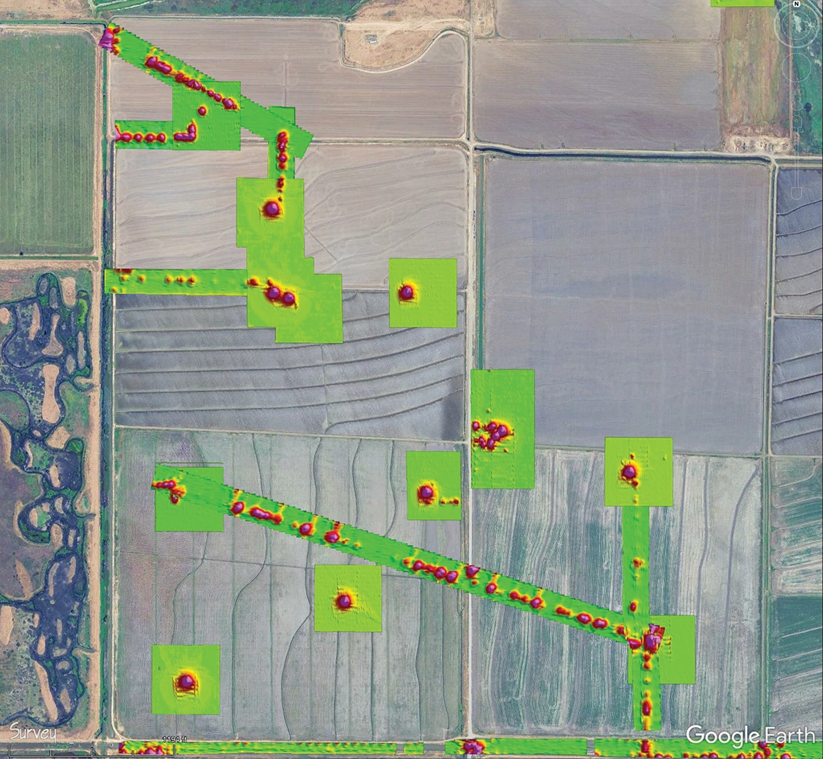 UAV-based magnetometer results showing linear magnetic anomalies corresponding to buried horizontal pipelines.