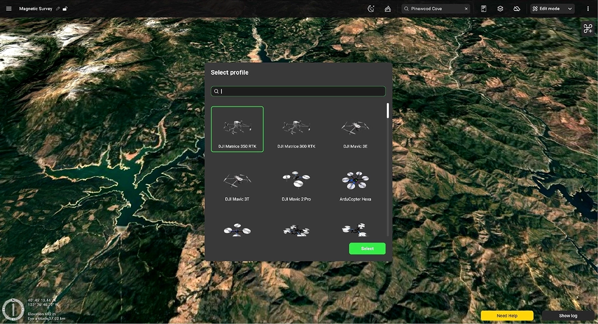 Selecting compatible drone platforms in UgCS for magnetic surveys