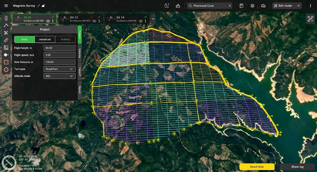 Splitting a large magnetic survey area into sub-areas using cut lines in UgCS