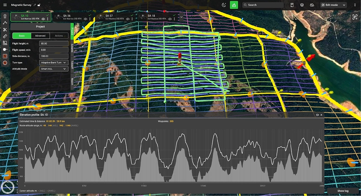 Elevation profile before trajectory smoothing showing sharp terrain variations in a drone magnetic survey