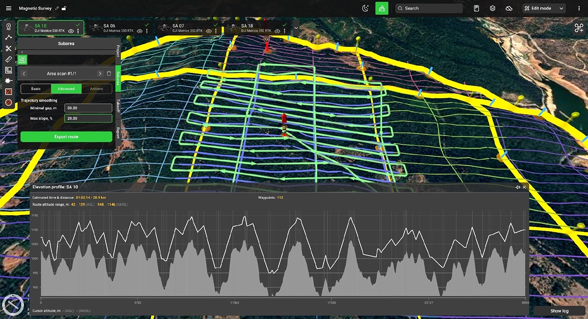 Elevation profile after UgCS trajectory smoothing applied for smoother drone magnetometer flight path