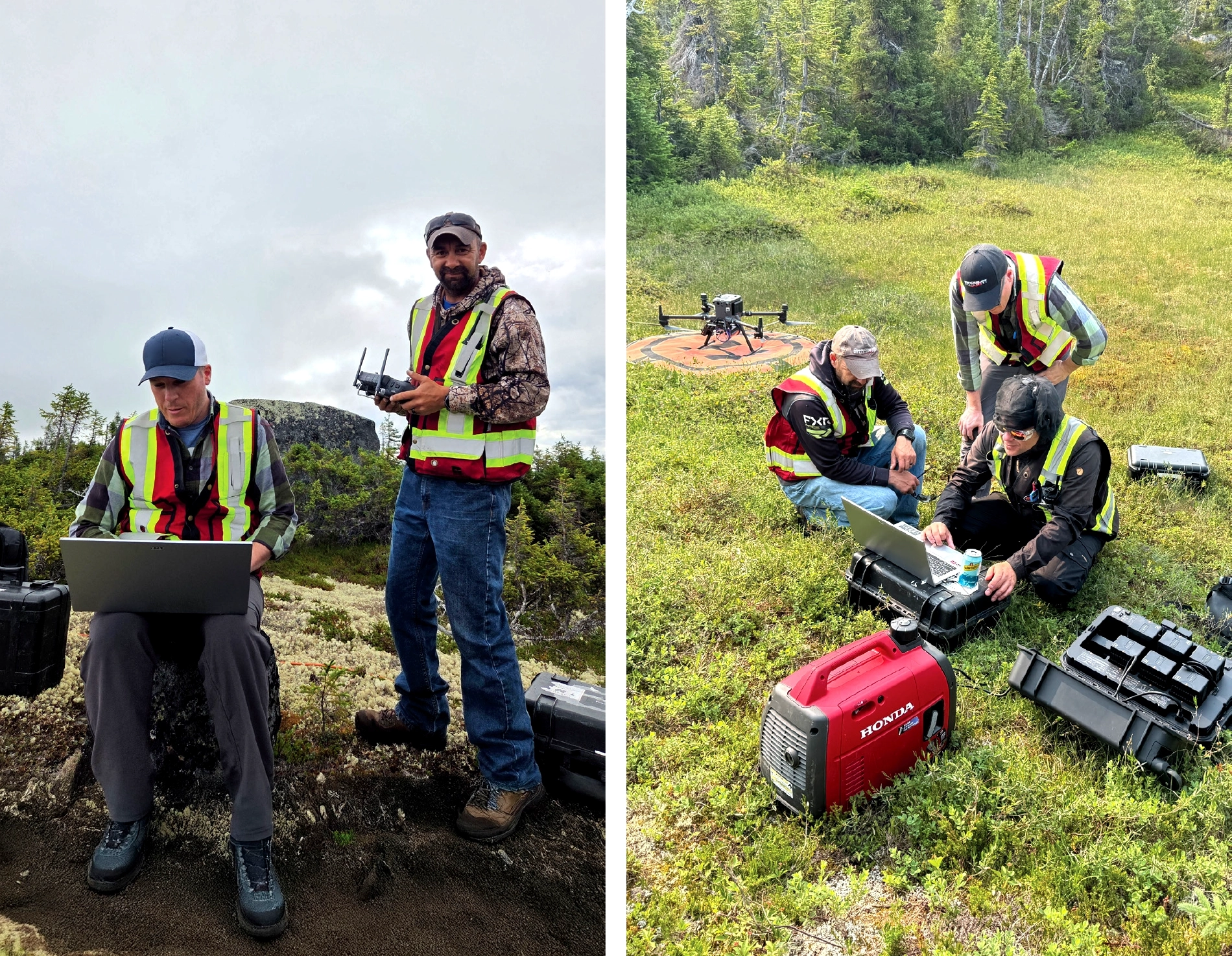 Altomaxx teas performing radiometric survey operations, reviewing mission parameters on a laptop, checking SkyHub data, and preparing equipment for drone-based gamma-ray data acquisition