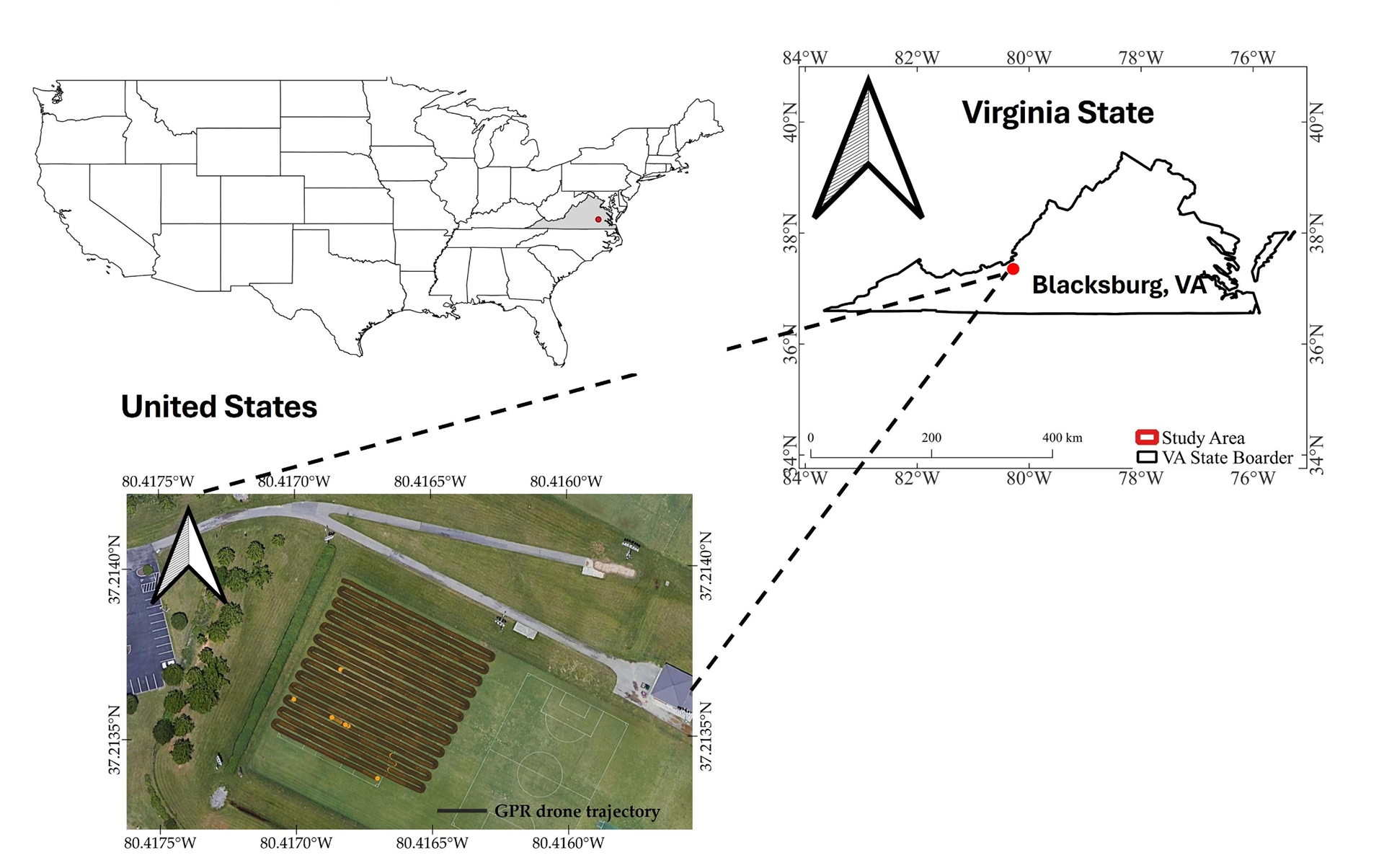 Drone GPR flight path over the Virginia Tech cornfield near Blacksburg, VA, with United States and state-level locator maps