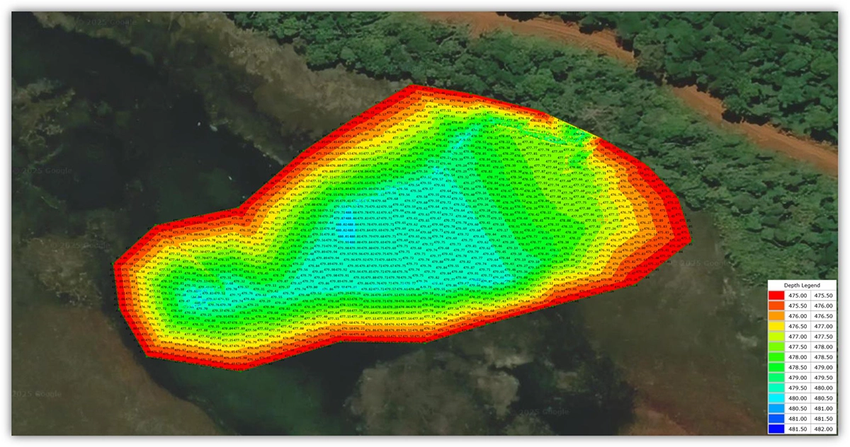 Bathymetric depth map of a swampy mining water body surveyed by drone in Southeast Sulawesi, Indonesia