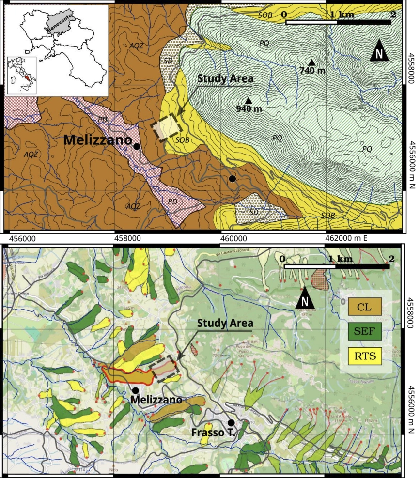 Geographic, geomorphological, and geological setting of the study area, showing the portion of investigated slope in Melizzano