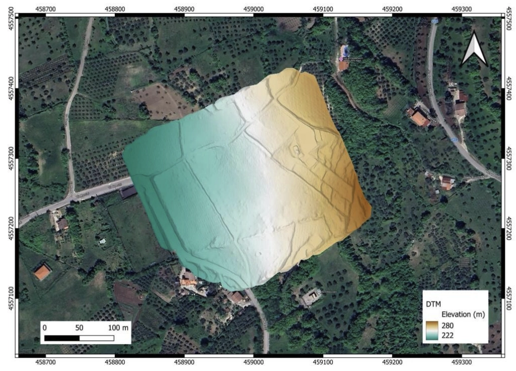 High-resolution DTM from UAV-LiDAR data, showing detailed slope morphology and enabling identification of subtle topographic features
