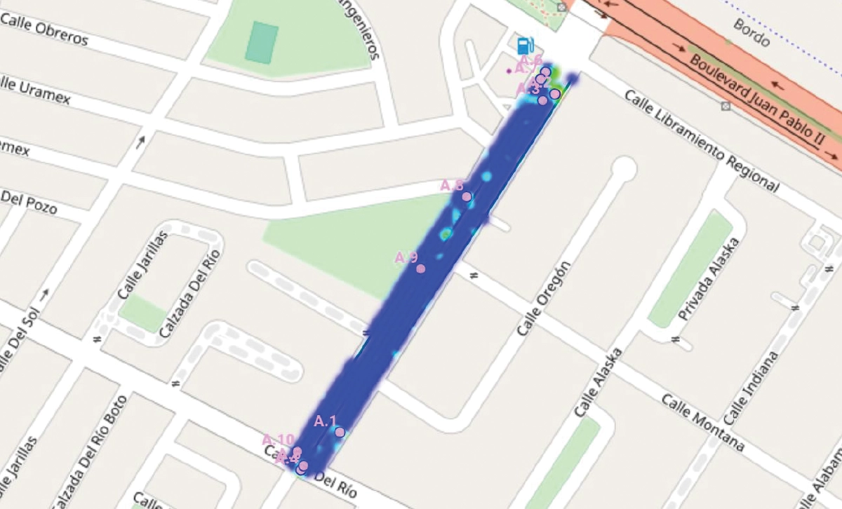 Methane detection map showing readings along a residential pipeline corridor in Mexico.
