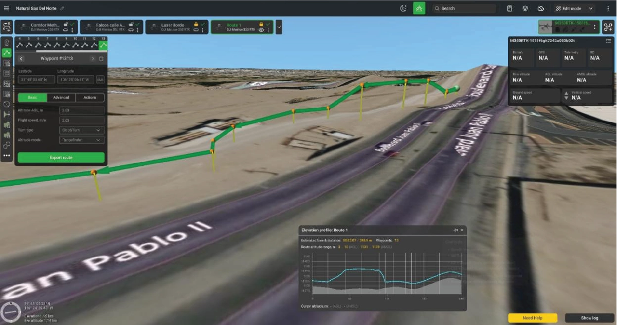 UgCS mission planning screenshot showing a methane detection flight path near a valve station in Mexico.