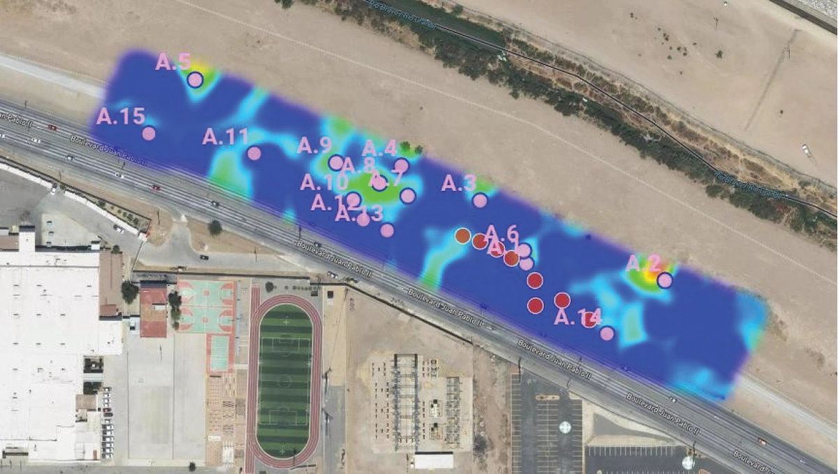 Processed Falcon Plus methane detection map showing annotated detection points near a valve station area in Mexico.