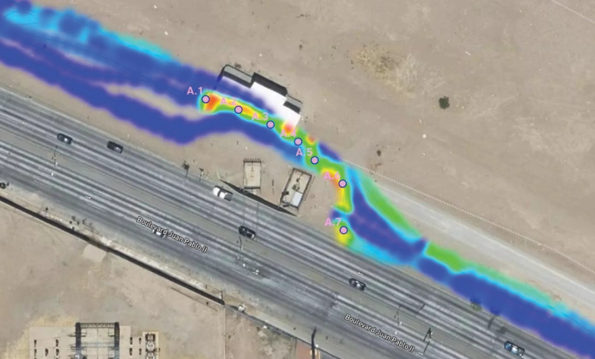 Flux Aero methane detection map showing localized methane readings near a valve station area in Mexico.