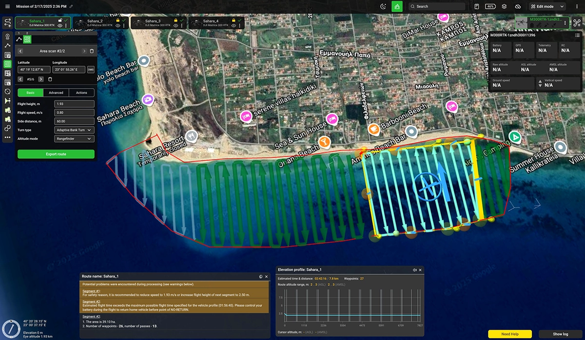 UgCS mission planning interface showing UAV bathymetry survey routes along the coastline in Chalkidiki.