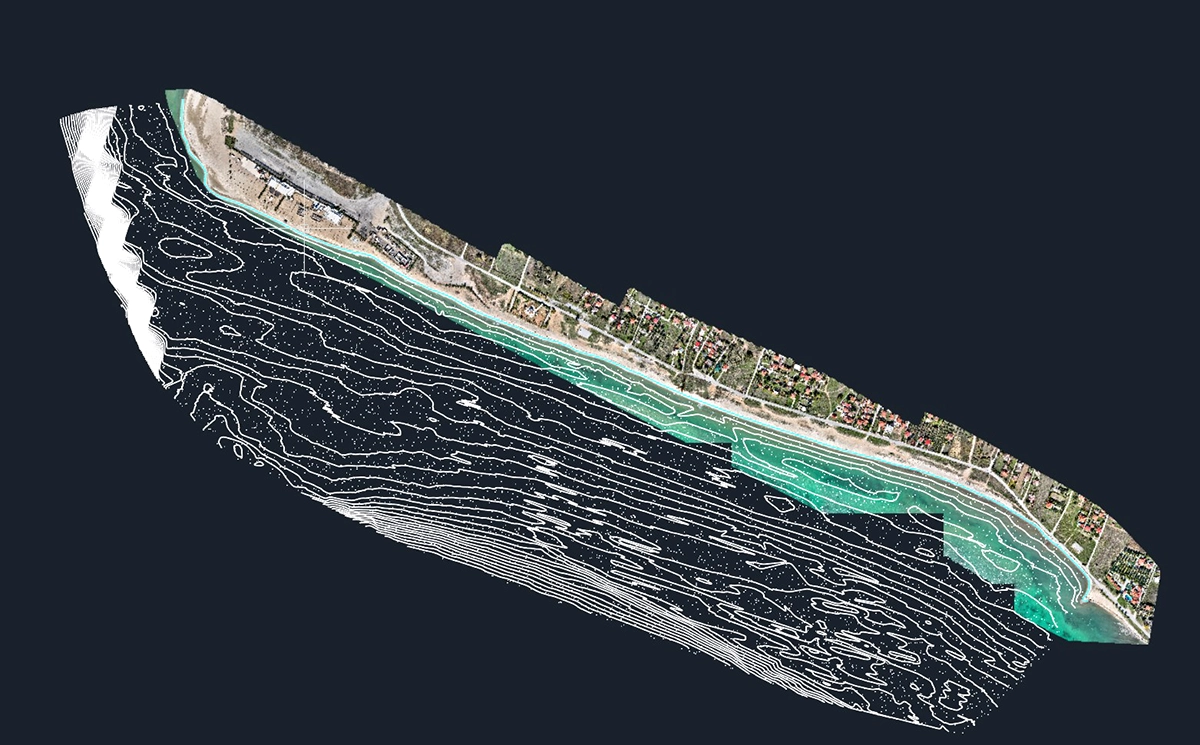 Bathymetric survey deliverable showing coastal orthomap, shoreline delineation, depth points, and contour lines.