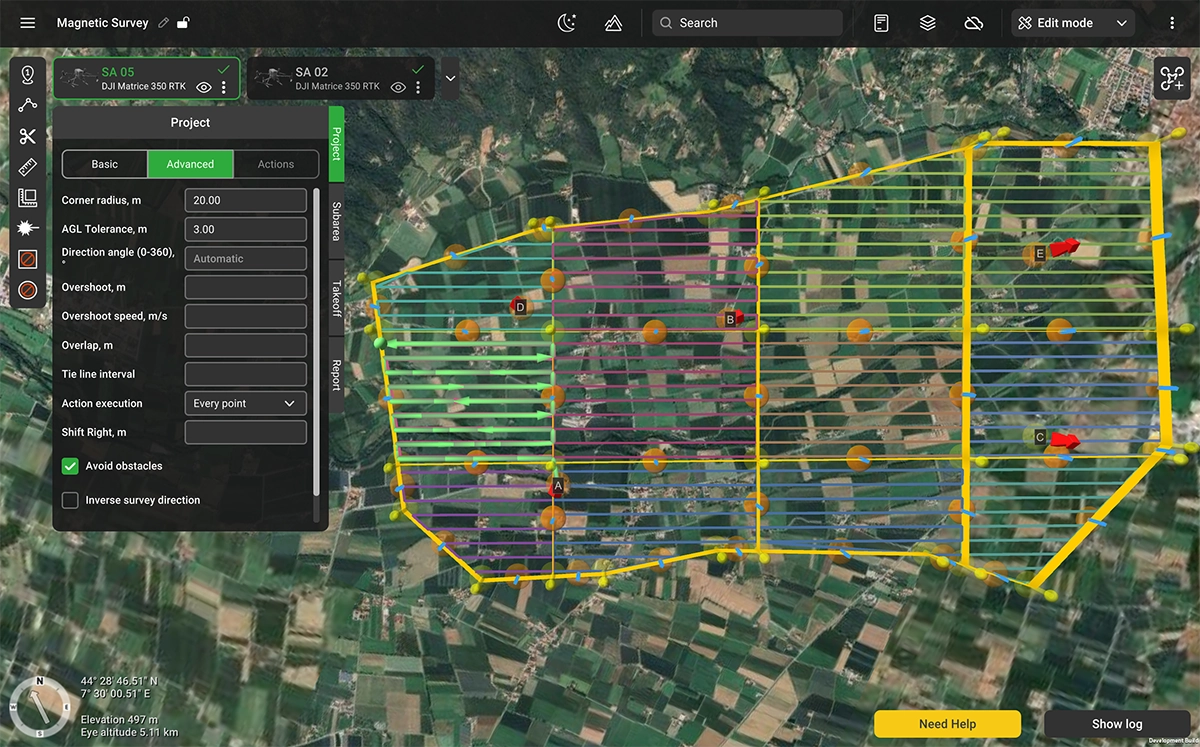 UgCS 6.0 Large Project survey area divided into multiple flyable sub-areas sharing one consistent magnetic survey grid