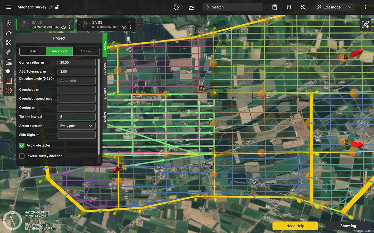 UgCS 6.0 tie line interval set to 5, placing perpendicular tie lines across every sub-area of a drone magnetic survey