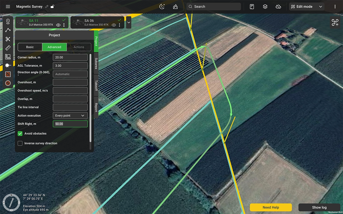 UgCS 6.0 Shift Right set to 50 m, offsetting the flight line grid to align with imported historical survey lines