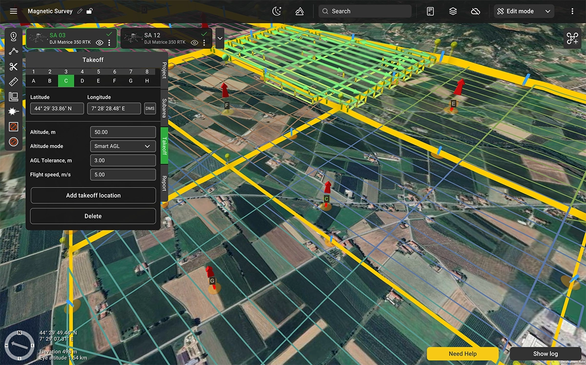 UgCS 6.0 take-off point panel assigning multiple launch locations across drone magnetic survey sub-areas
