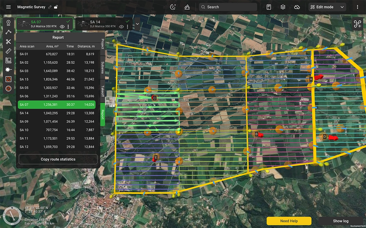 UgCS 6.0 Report panel listing area, flight time and survey line distance for each magnetic survey sub-area