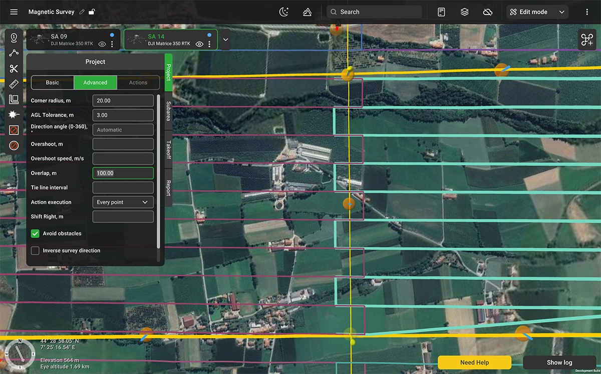 UgCS 6.0 project-level overlap set to 100 m, with survey lines extending across adjacent sub-area boundaries