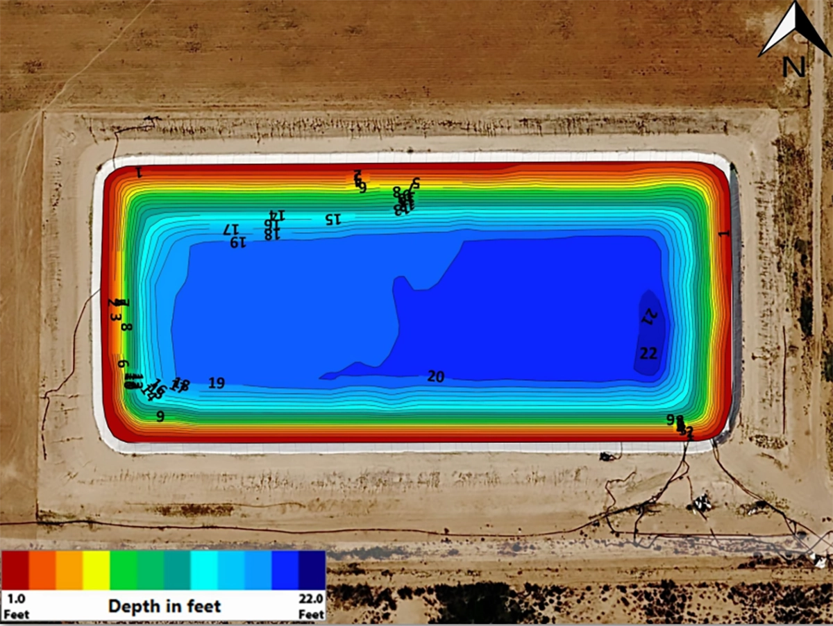 Color bathymetric depth map of a frac pond with numerical depth values and deeper sump area.