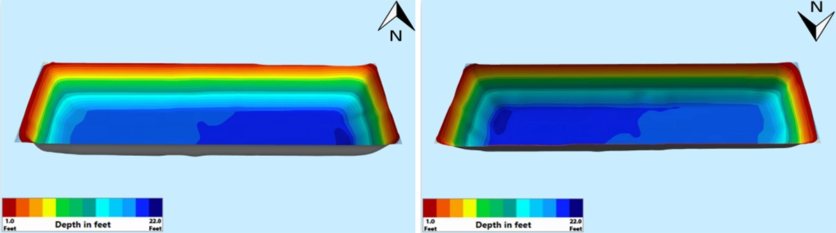 3D color bathymetric model of a frac pond showing the floor, side slopes, and depth variation.