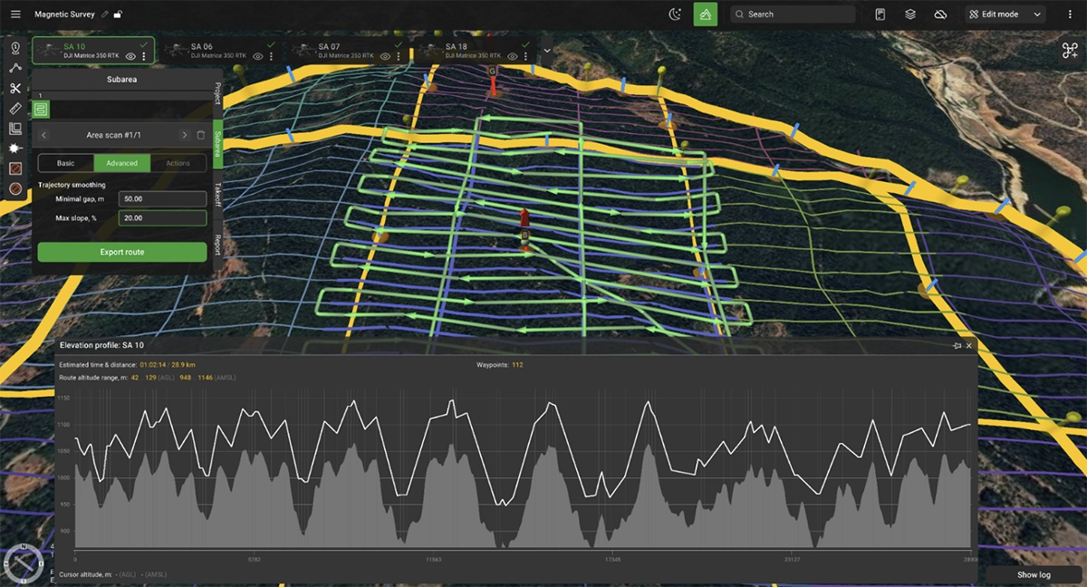 Elevation profile after UgCS trajectory smoothing applied for smoother drone magnetometer flight path
