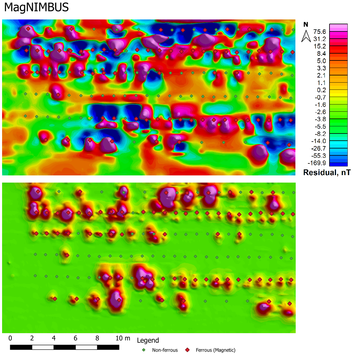 Figura 10. La cuadrícula de campo anómalo residual y la cuadrícula de señal analítica a una altitud de vuelo de 0,2 m.