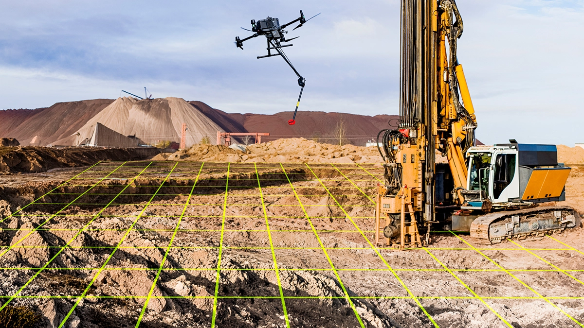 Drone collecting local magnetic data around a directional drilling site for in-field referencing.