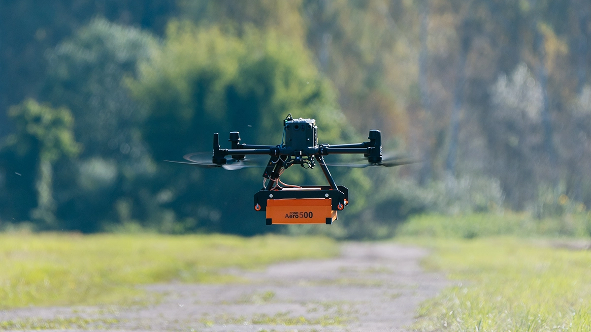 Drone-based GPR equipment with survey data displayed on a screen