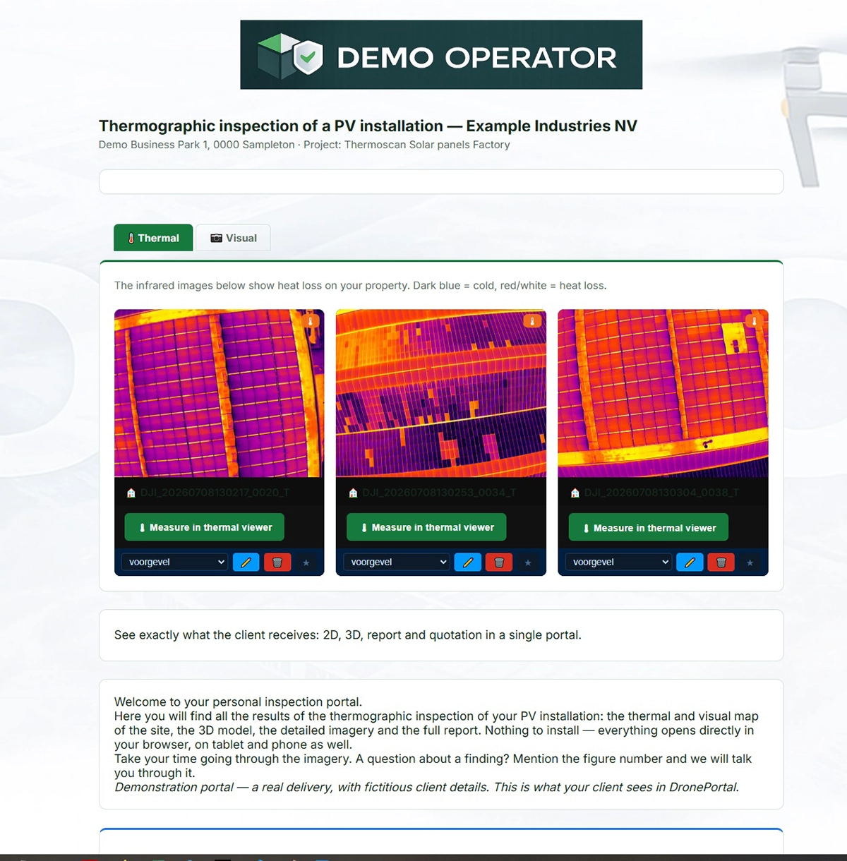 what the client opens: the 2D/3D views, thermal viewer, report and quotation behind one branded link. Demonstration portal with fictitious client details.